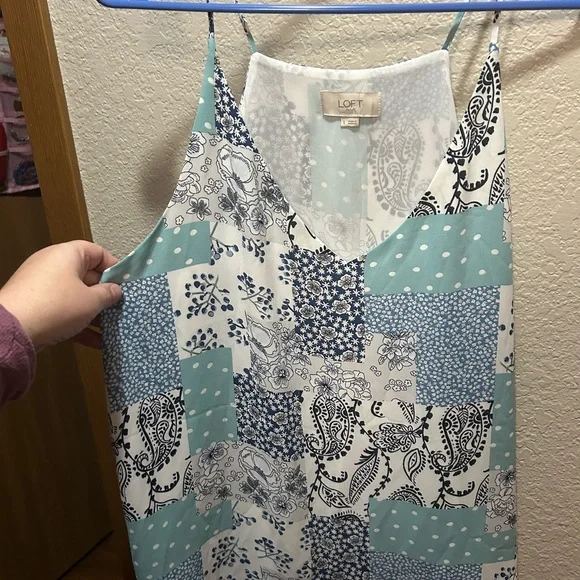 LOFT Blue and White Patchwork Tank Top - Picture 1 of 3